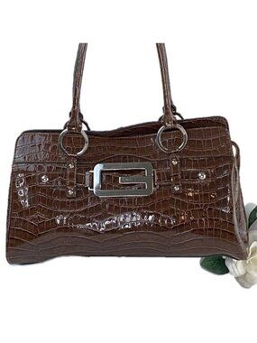 Guess Brown Croc Embossed Patent Shoulder Bag Glossy Faux Leather Satchel Purse
